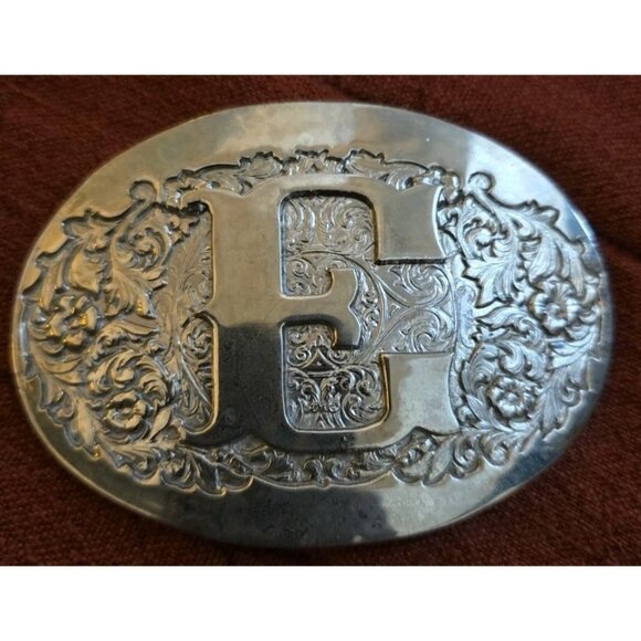 ADM Award Design Medals INC Solid Brass Vintage Belt Buckle Monogram Initial E - Picture 1 of 6